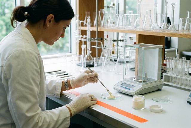 Cosmetic chemistry laboratory bench with vials